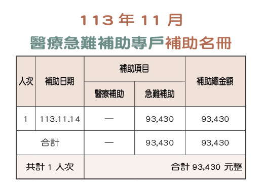 113年11月醫療急難補助專戶補助名冊